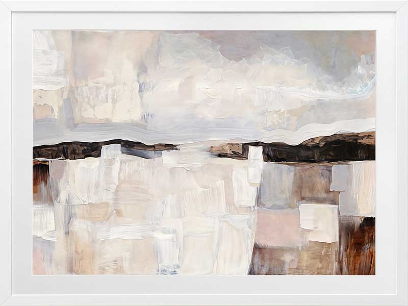 Abstract landscape art featuring muted beige, grey, and brown tones capturing rural beauty and rustic sophistication.