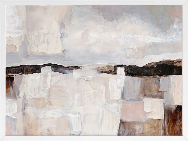 Abstract landscape art featuring muted beige, grey, and brown tones capturing rural beauty and rustic sophistication.