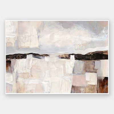 Abstract landscape art featuring muted beige, grey, and brown tones capturing rural beauty and rustic sophistication.