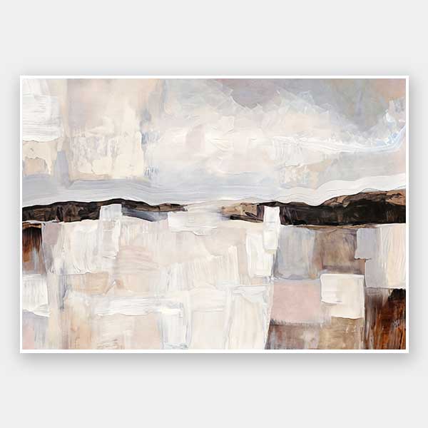 Abstract landscape art featuring muted beige, grey, and brown tones capturing rural beauty and rustic sophistication.