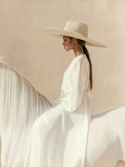 Photographic equestrian artwork of a woman elegantly seated on a white horse, captured in warm beige and creamy neutrals.