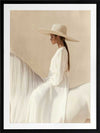 Photographic equestrian artwork of a woman elegantly seated on a white horse, captured in warm beige and creamy neutrals.