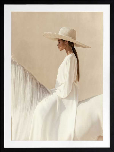Photographic equestrian artwork of a woman elegantly seated on a white horse, captured in warm beige and creamy neutrals.