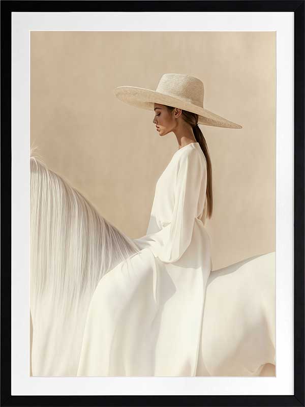 Photographic equestrian artwork of a woman elegantly seated on a white horse, captured in warm beige and creamy neutrals.