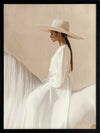 Photographic equestrian artwork of a woman elegantly seated on a white horse, captured in warm beige and creamy neutrals.