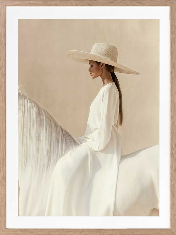 Photographic equestrian artwork of a woman elegantly seated on a white horse, captured in warm beige and creamy neutrals.