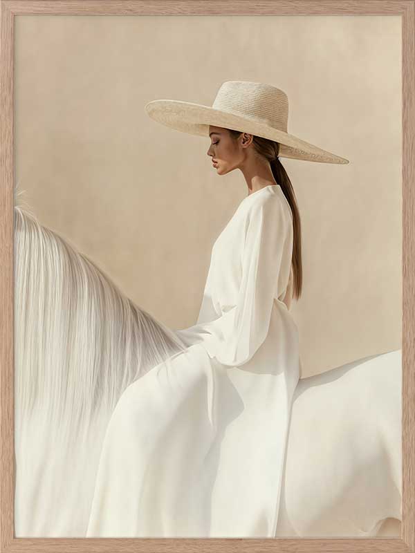 Photographic equestrian artwork of a woman elegantly seated on a white horse, captured in warm beige and creamy neutrals.