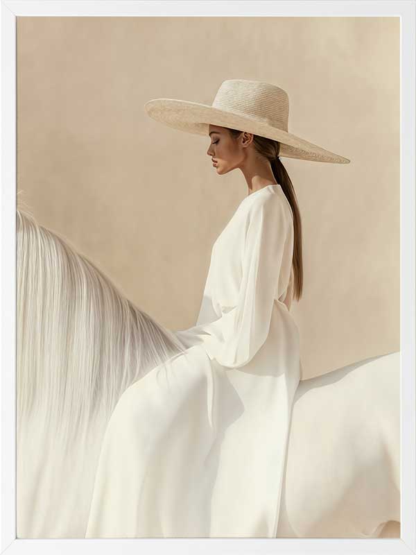 Photographic equestrian artwork of a woman elegantly seated on a white horse, captured in warm beige and creamy neutrals.