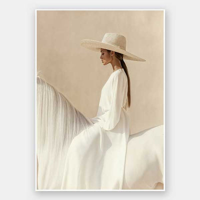 Photographic equestrian artwork of a woman elegantly seated on a white horse, captured in warm beige and creamy neutrals.