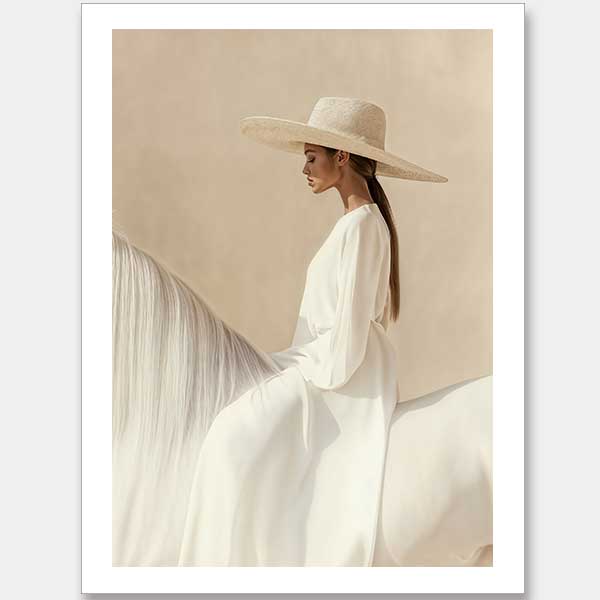 Photographic equestrian artwork of a woman elegantly seated on a white horse, captured in warm beige and creamy neutrals.