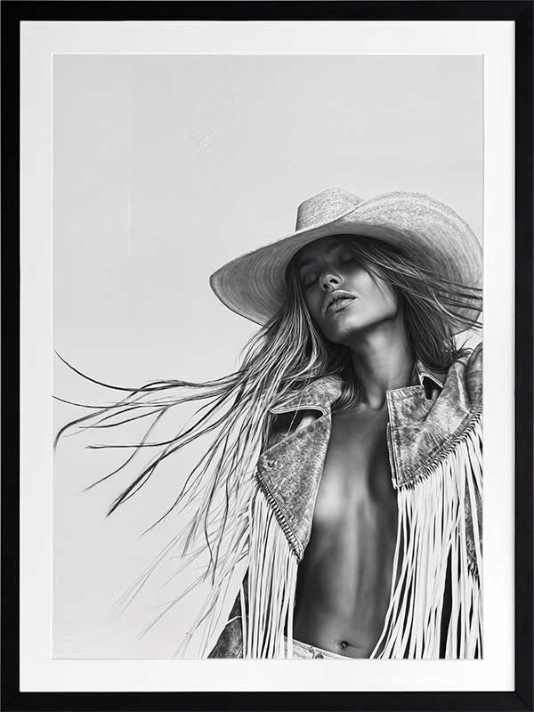 Monochrome photographic portrait artwork featuring a woman wearing a fringe jacket and cowboy hat, expressing bold freedom.