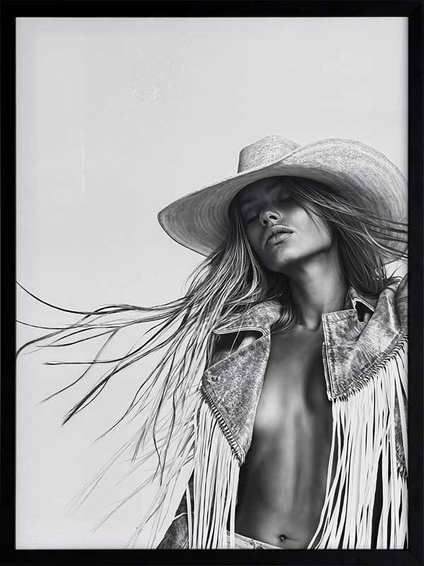 Monochrome photographic portrait artwork featuring a woman wearing a fringe jacket and cowboy hat, expressing bold freedom.