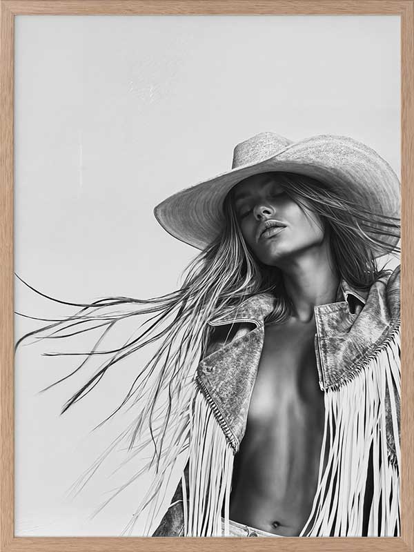 Monochrome photographic portrait artwork featuring a woman wearing a fringe jacket and cowboy hat, expressing bold freedom.