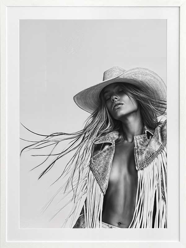 Monochrome photographic portrait artwork featuring a woman wearing a fringe jacket and cowboy hat, expressing bold freedom.