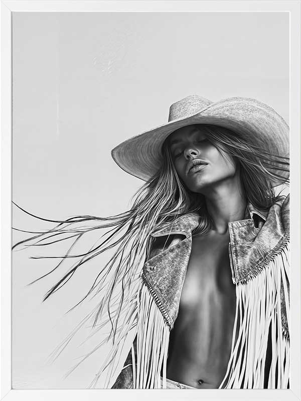 Monochrome photographic portrait artwork featuring a woman wearing a fringe jacket and cowboy hat, expressing bold freedom.