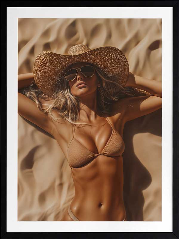 Photographic portrait art depicting a woman relaxing on the beach in golden sandy tones, perfect for coastal interiors.