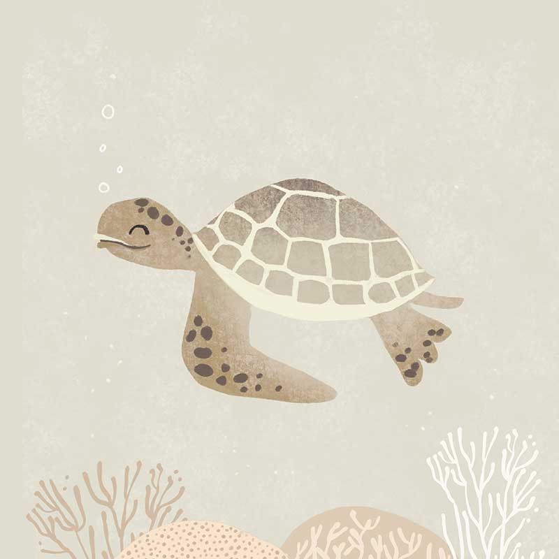 Illustrated turtle swimming calmly underwater among soft coral and bubbles in neutral and grey tones, from the Little Tails Collection by Urban Road.