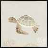 Illustrated turtle swimming calmly underwater among soft coral and bubbles in neutral and grey tones, from the Little Tails Collection by Urban Road.