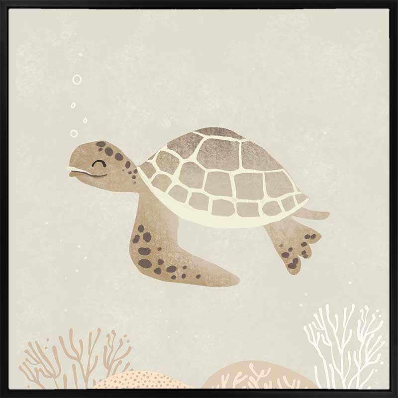 Illustrated turtle swimming calmly underwater among soft coral and bubbles in neutral and grey tones, from the Little Tails Collection by Urban Road.