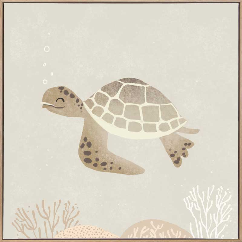 Illustrated turtle swimming calmly underwater among soft coral and bubbles in neutral and grey tones, from the Little Tails Collection by Urban Road.