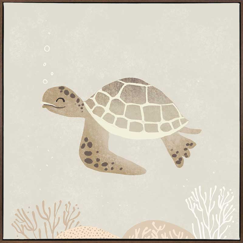 Illustrated turtle swimming calmly underwater among soft coral and bubbles in neutral and grey tones, from the Little Tails Collection by Urban Road.