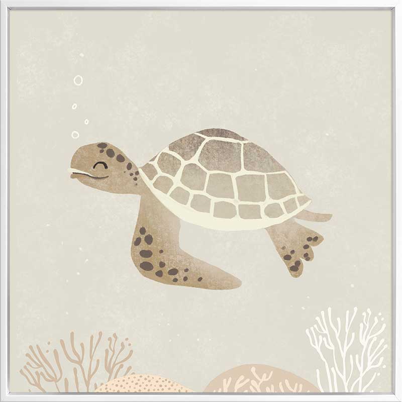 Illustrated turtle swimming calmly underwater among soft coral and bubbles in neutral and grey tones, from the Little Tails Collection by Urban Road.
