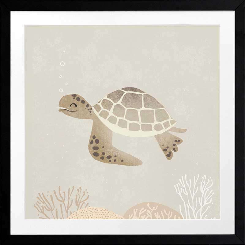 Illustrated turtle swimming calmly underwater among soft coral and bubbles in neutral and grey tones, from the Little Tails Collection by Urban Road.