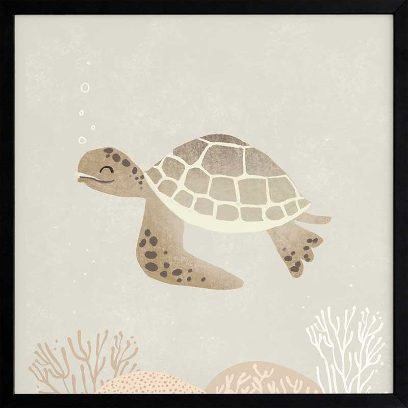 Illustrated turtle swimming calmly underwater among soft coral and bubbles in neutral and grey tones, from the Little Tails Collection by Urban Road.