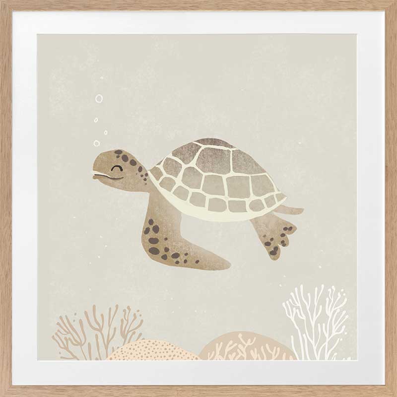Illustrated turtle swimming calmly underwater among soft coral and bubbles in neutral and grey tones, from the Little Tails Collection by Urban Road.
