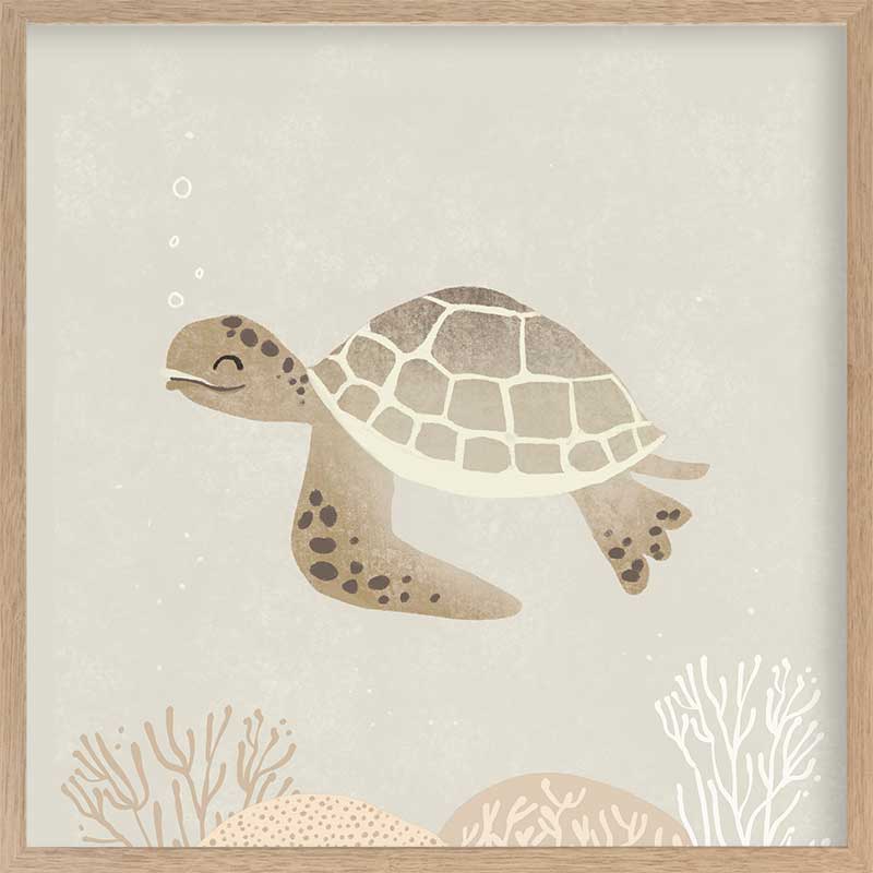 Illustrated turtle swimming calmly underwater among soft coral and bubbles in neutral and grey tones, from the Little Tails Collection by Urban Road.