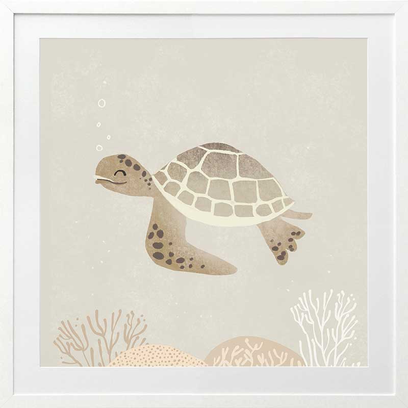 Illustrated turtle swimming calmly underwater among soft coral and bubbles in neutral and grey tones, from the Little Tails Collection by Urban Road.