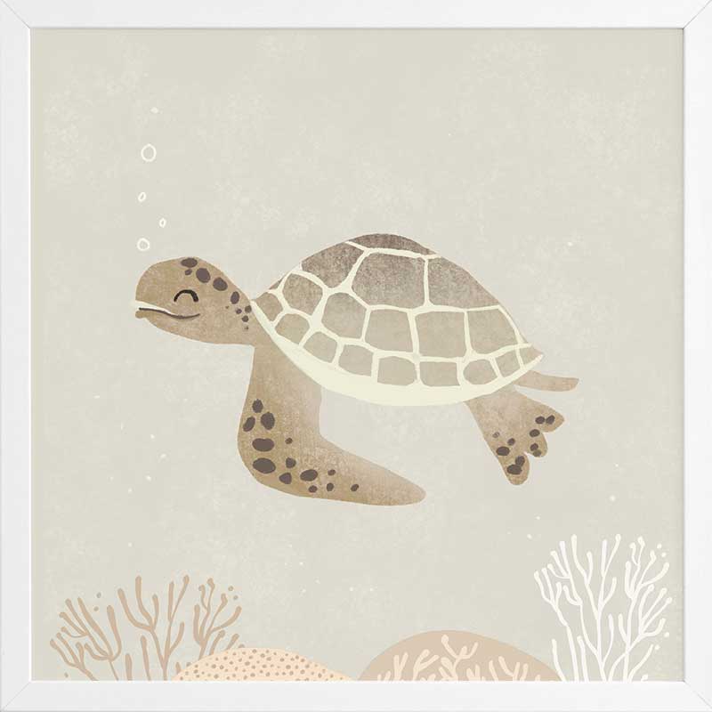 Illustrated turtle swimming calmly underwater among soft coral and bubbles in neutral and grey tones, from the Little Tails Collection by Urban Road.