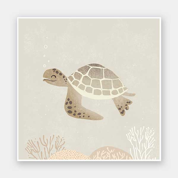 Illustrated turtle swimming calmly underwater among soft coral and bubbles in neutral and grey tones, from the Little Tails Collection by Urban Road.