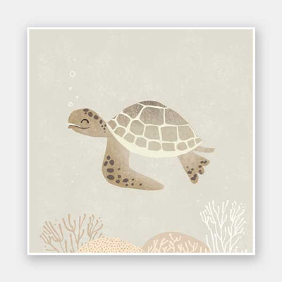 Illustrated turtle swimming calmly underwater among soft coral and bubbles in neutral and grey tones, from the Little Tails Collection by Urban Road.