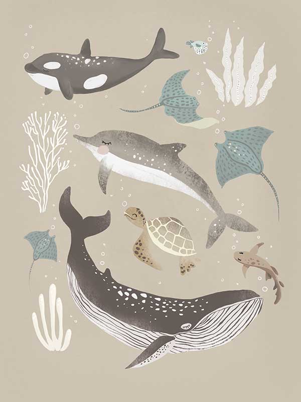 A group of sea animals including whales, dolphins, rays, and turtles illustrated in soft neutral tones, from the Little Tails Collection by Urban Road.