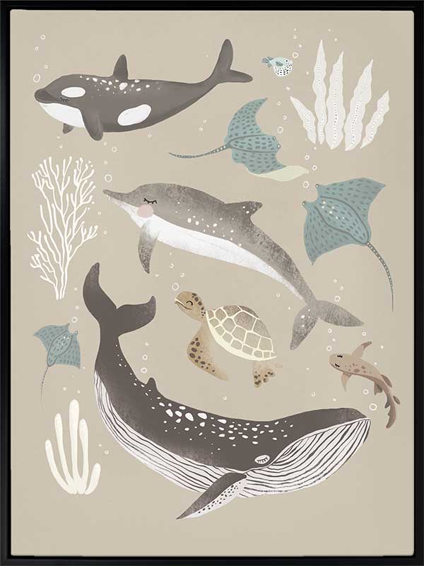 A group of sea animals including whales, dolphins, rays, and turtles illustrated in soft neutral tones, from the Little Tails Collection by Urban Road.