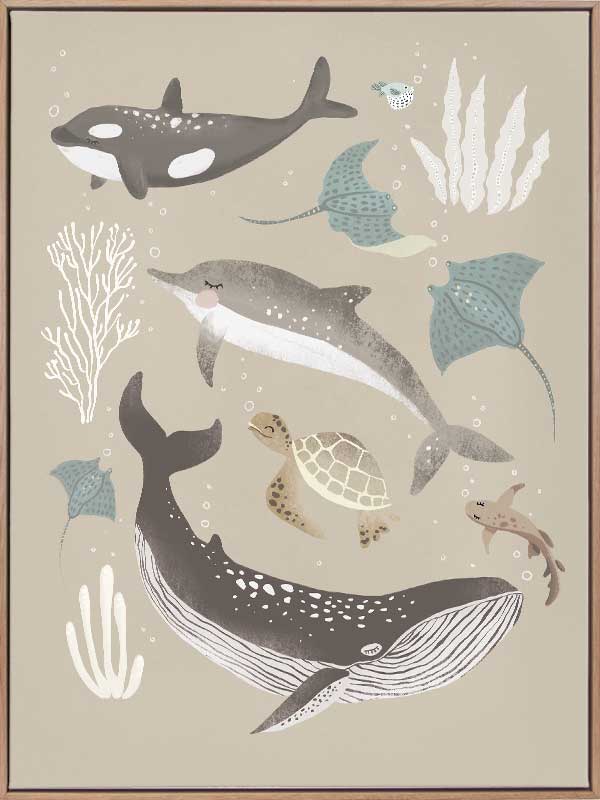 A group of sea animals including whales, dolphins, rays, and turtles illustrated in soft neutral tones, from the Little Tails Collection by Urban Road.