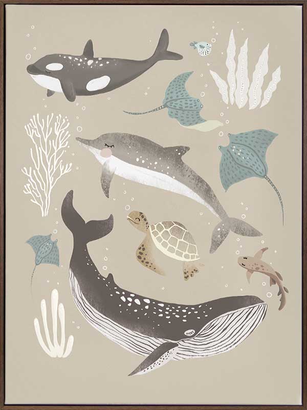 A group of sea animals including whales, dolphins, rays, and turtles illustrated in soft neutral tones, from the Little Tails Collection by Urban Road.
