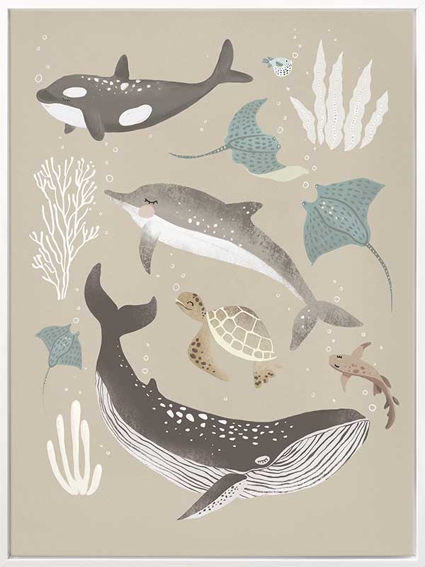 A group of sea animals including whales, dolphins, rays, and turtles illustrated in soft neutral tones, from the Little Tails Collection by Urban Road.