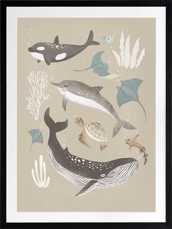 A group of sea animals including whales, dolphins, rays, and turtles illustrated in soft neutral tones, from the Little Tails Collection by Urban Road.