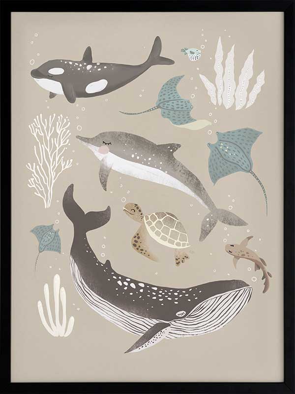 A group of sea animals including whales, dolphins, rays, and turtles illustrated in soft neutral tones, from the Little Tails Collection by Urban Road.