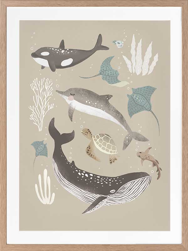 A group of sea animals including whales, dolphins, rays, and turtles illustrated in soft neutral tones, from the Little Tails Collection by Urban Road.