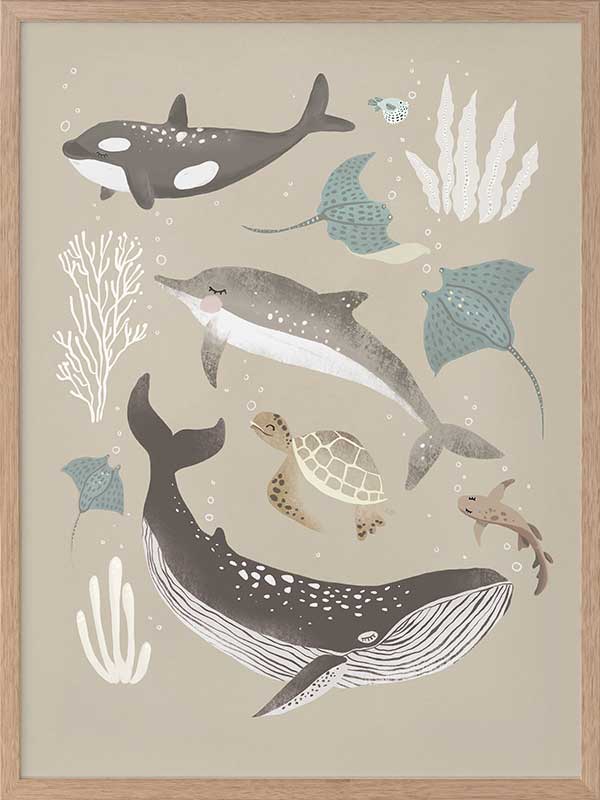 A group of sea animals including whales, dolphins, rays, and turtles illustrated in soft neutral tones, from the Little Tails Collection by Urban Road.