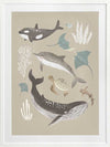 A group of sea animals including whales, dolphins, rays, and turtles illustrated in soft neutral tones, from the Little Tails Collection by Urban Road.
