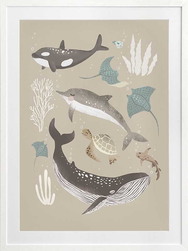A group of sea animals including whales, dolphins, rays, and turtles illustrated in soft neutral tones, from the Little Tails Collection by Urban Road.