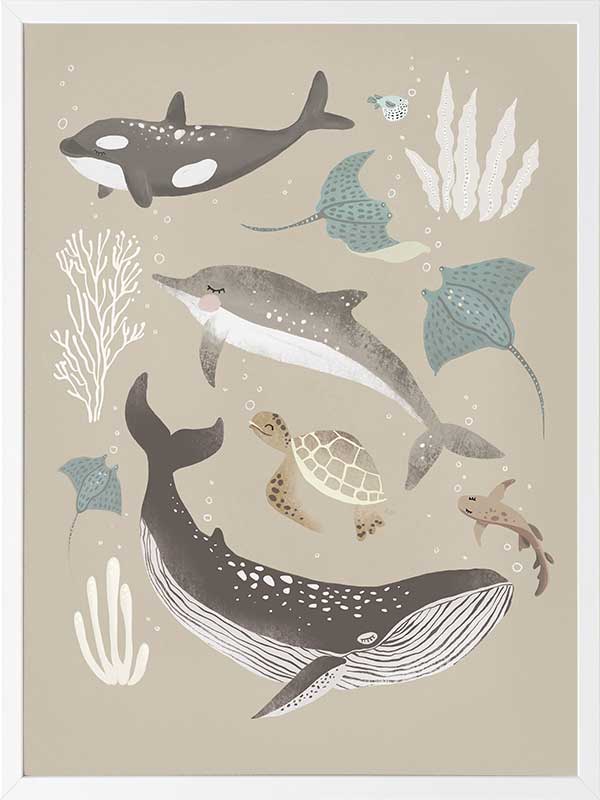 A group of sea animals including whales, dolphins, rays, and turtles illustrated in soft neutral tones, from the Little Tails Collection by Urban Road.