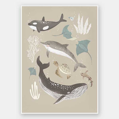 A group of sea animals including whales, dolphins, rays, and turtles illustrated in soft neutral tones, from the Little Tails Collection by Urban Road.