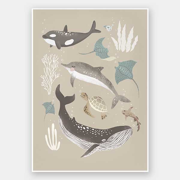 A group of sea animals including whales, dolphins, rays, and turtles illustrated in soft neutral tones, from the Little Tails Collection by Urban Road.