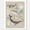A group of sea animals including whales, dolphins, rays, and turtles illustrated in soft neutral tones, from the Little Tails Collection by Urban Road.