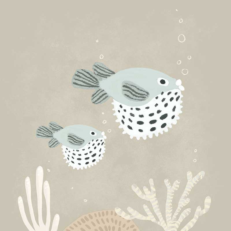 Two illustrated pufferfish floating through a bubbly underwater scene in soft blue and neutral tones, from the Little Tails Collection by Urban Road.